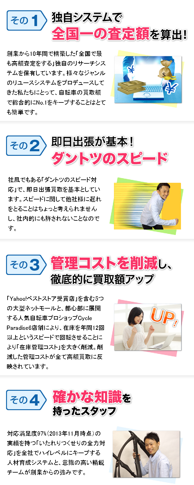①独自システムで全国一の査定額を算出！ ②即日出張が基本！ダントツのスピード ③管理コストを削減し、徹底的買取額アップ